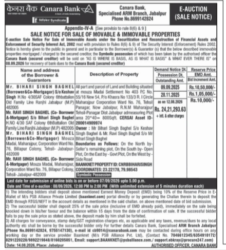 Canara Bank E-Auction Sale Notice for Movable and Immovable Properties (Jabalpur Branch)