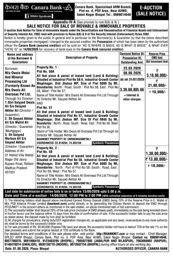 Canara Bank E-Auction Sale Notice for Owais Metal Properties