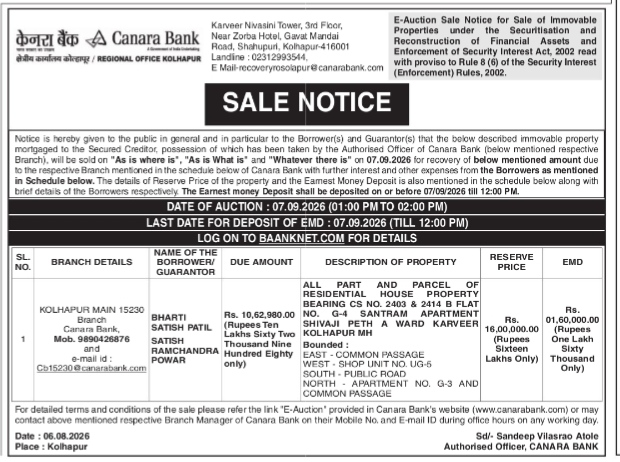 Canara Bank E-Auction Sale Notice (Kolhapur Region)
