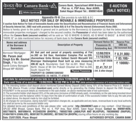 Canara Bank E-Auction Sale Notice (Param Jeet Singh Property)