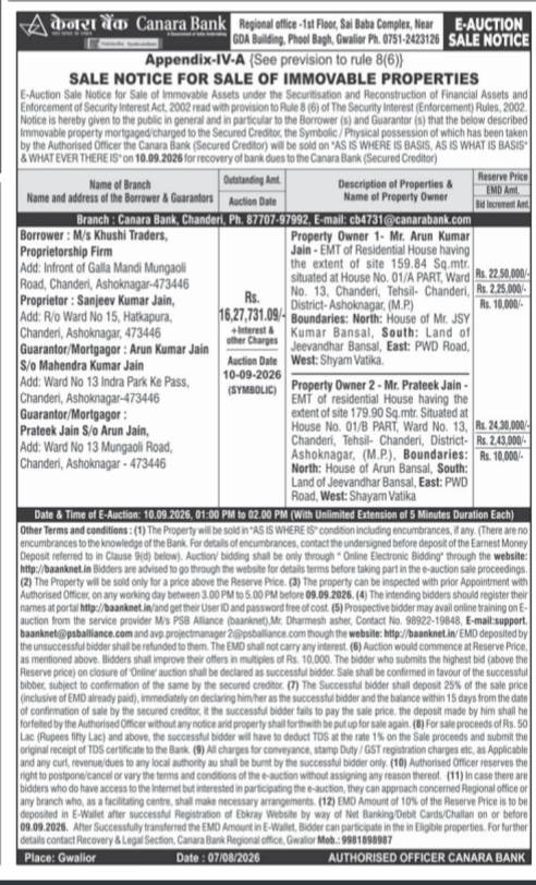 Canara Bank E-Auction Sale Notice (September 2026)