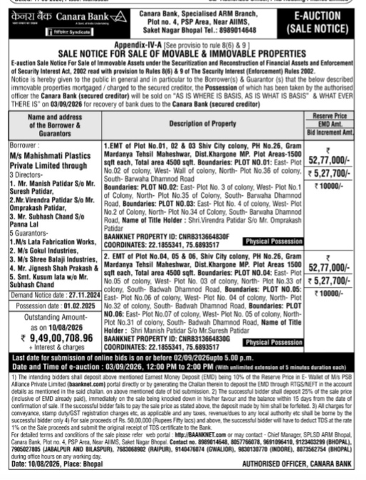 Canara Bank E-Auction Sale Notice (Shiv City Colony, Khargone)