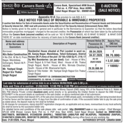 Canara Bank E-Auction Sale Notice