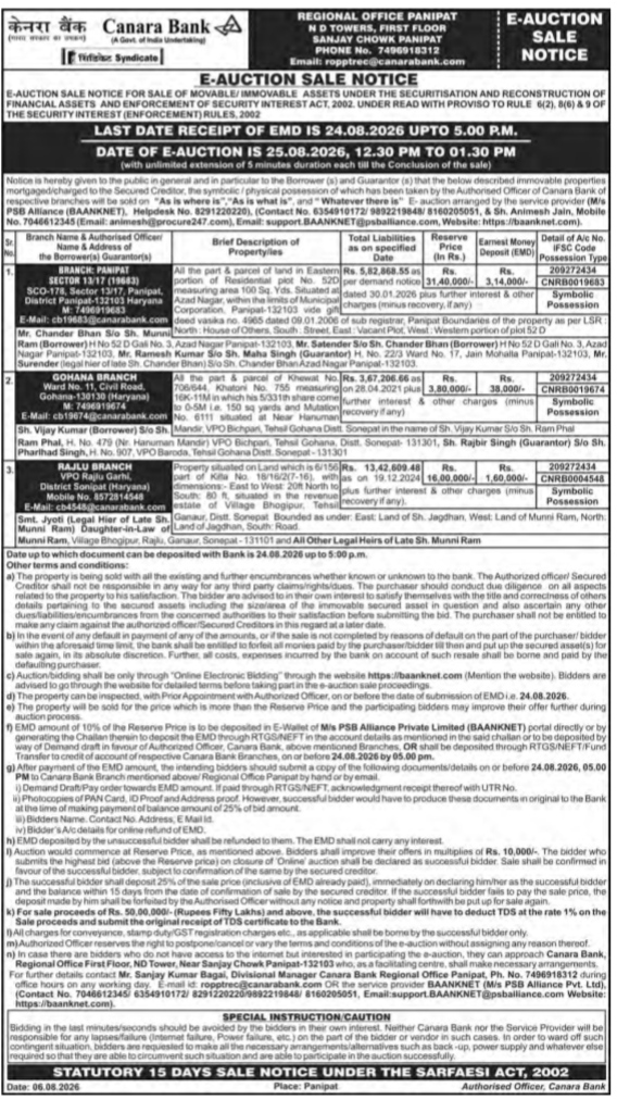 Canara Bank E-Auction Sale Notice