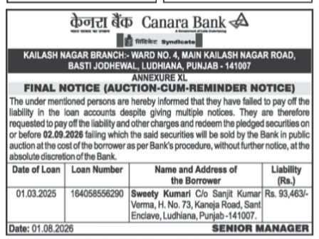 Canara Bank Final Notice (Auction-cum-Reminder Notice).