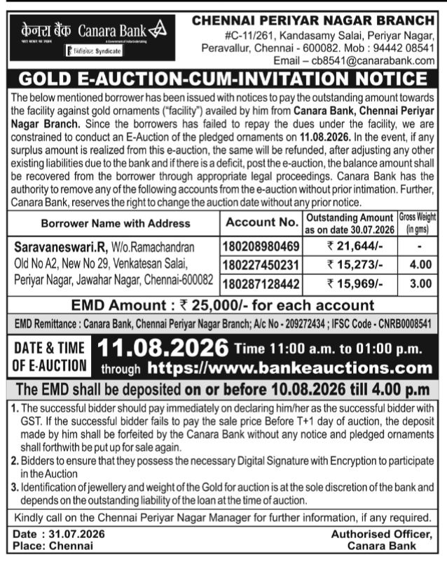 Canara Bank Gold E-Auction-Cum-Invitation Notice (Chennai Periyar Nagar Branch)