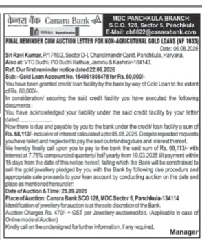 Canara Bank Gold Loan Auction Notice