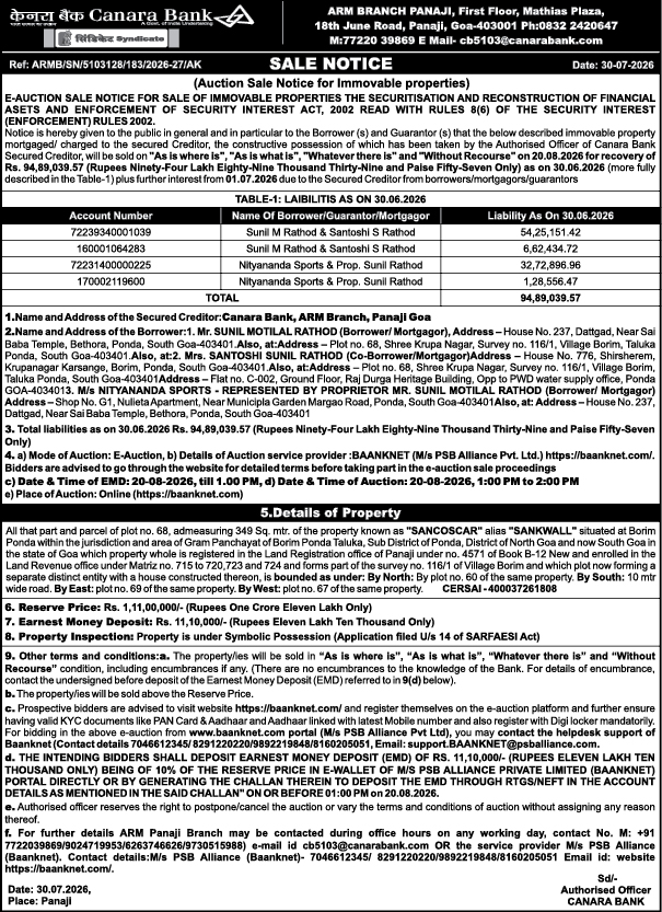 Canara Bank Immovable Property E-Auction Sale Notice
