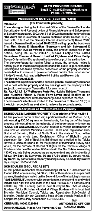 Canara Bank Possession Notice for Property in Bordem, Goa