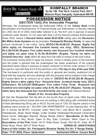 Canara Bank Possession Notice for Silver Oak Apartments (July 2026)