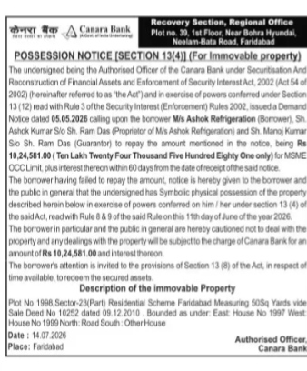 Canara Bank Possession Notice