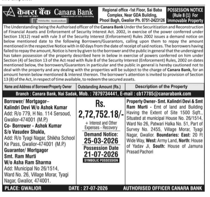 Canara Bank Possession Notice