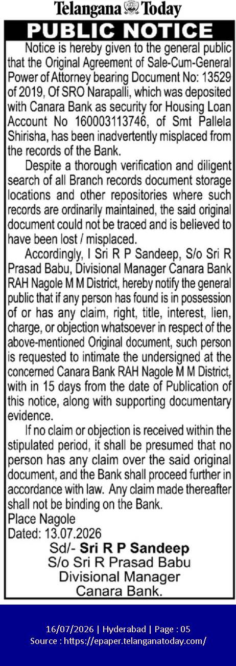 Canara Bank Public Notice for Lost Sale Agreement and GPAs