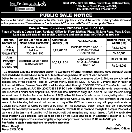 Canara Bank Public Sale Notice for Vehicle Auction (Goa Regional Office)
