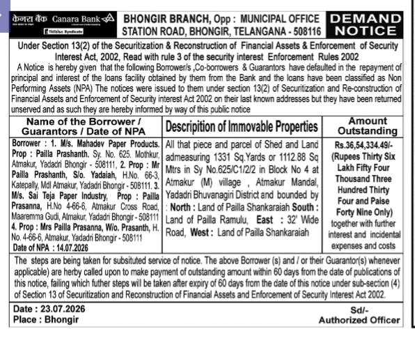 Canara Bank SARFAESI Demand Notice - Bhongir Branch
