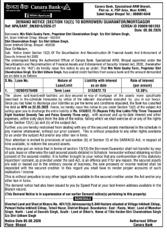 Canara Bank SARFAESI Demand Notice