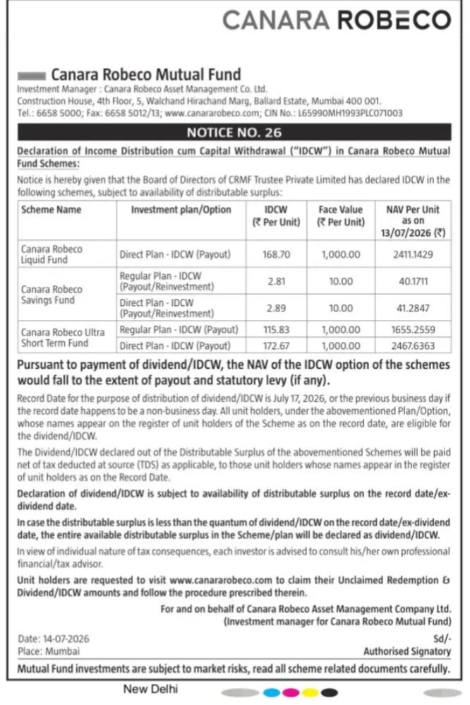 Canara Robeco Mutual Fund IDCW Declaration Notice (No. 26)