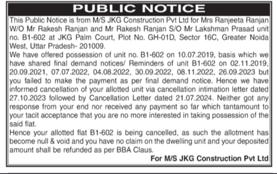 Cancellation Notice for Flat B1-602 by JKG Construction