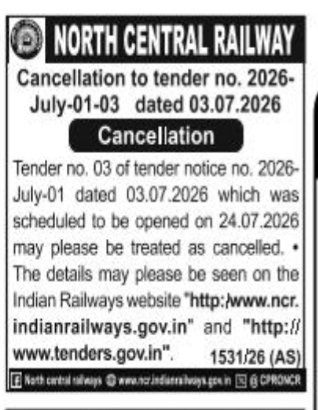 Cancellation Notice for North Central Railway Tender No. 2026-July-01-03