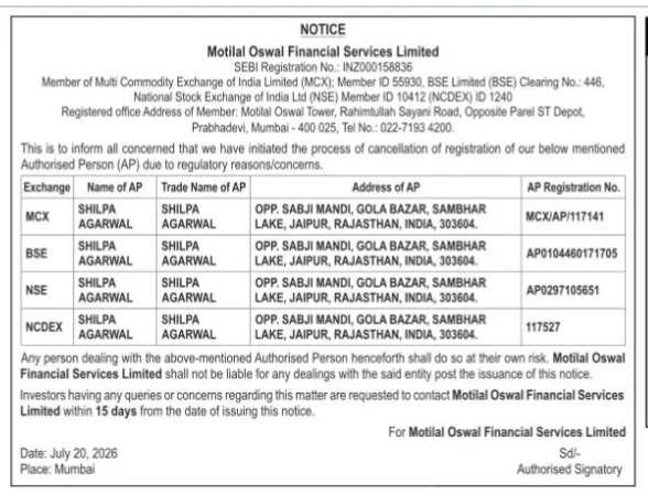Cancellation of Authorised Person (AP) Registration – Shilpa Agarwal