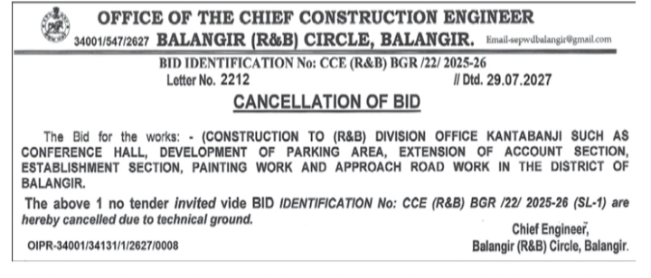Cancellation of Bid for R&B Division Office Kantabanji Construction Works
