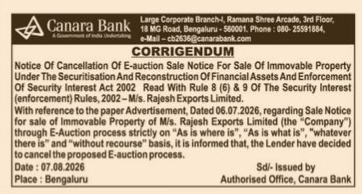 Cancellation of E-Auction Sale Notice