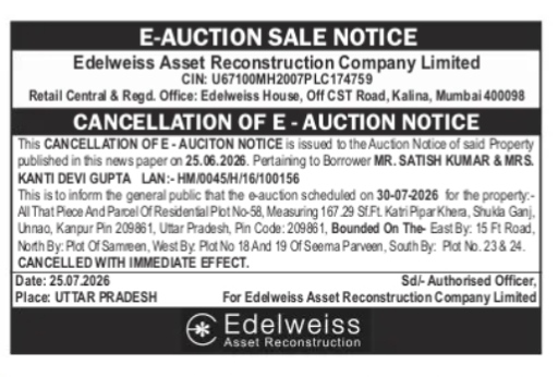 Cancellation of Edelweiss E-Auction Sale Notice for Property in Unnao