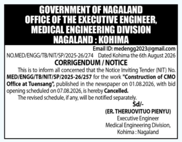 Cancellation of Tender for CMO Office Construction at Tuensang
