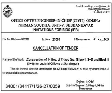 Cancellation of Tender Notice for Judicial Officers' Quarters in Sundargarh