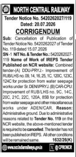 Cancellation of Tender Notice No. 5420262027/119 (North Central Railway)