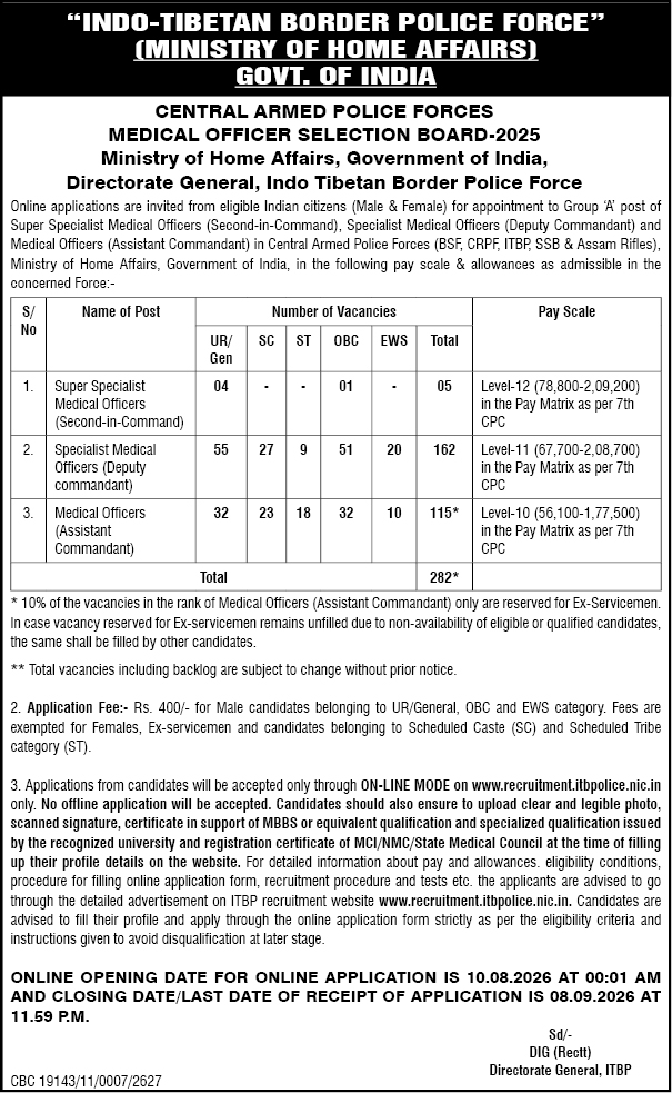 CAPF Medical Officer Selection Board (MOSB) 2025 Recruitment Advertisement