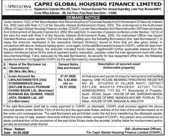 Capri Global Housing Finance Limited Demand Notice