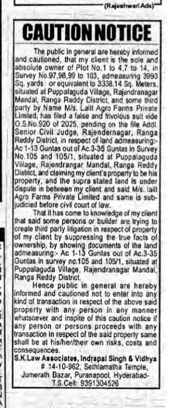 Caution Notice Against Unauthorized Property Transaction