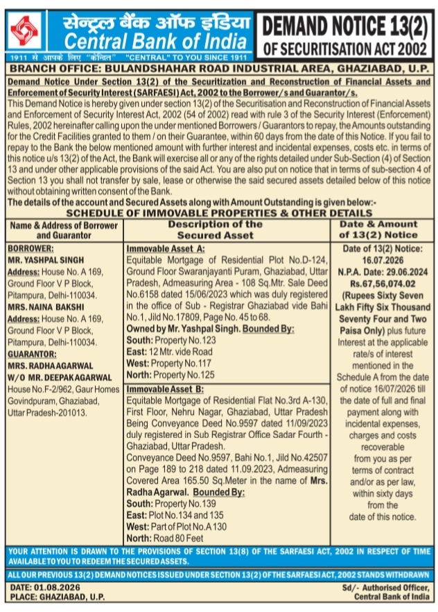 Central Bank of India Demand Notice under Section 13(2) of SARFAESI Act, 2002 against Mr. Yashpal Singh, Mrs. Naina Bakshi, and Guarantor Mrs. Radha Agarwal