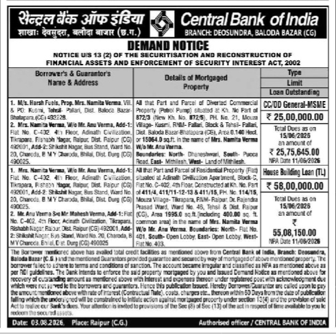 Central Bank of India Demand Notice