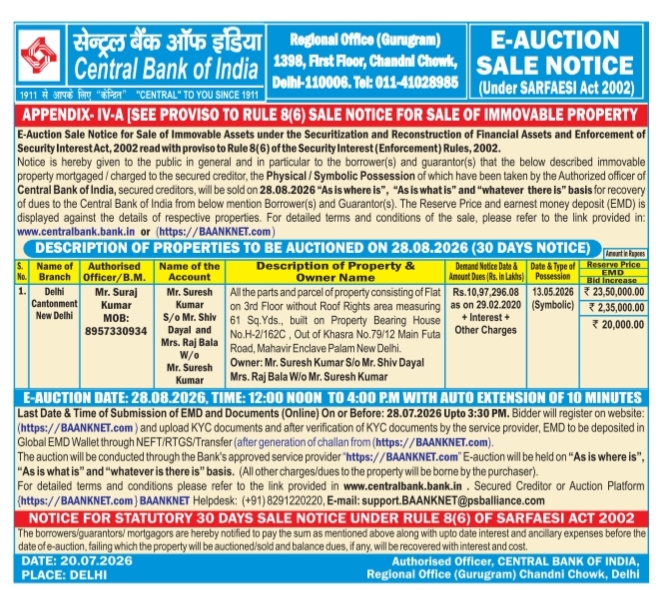 Central Bank of India E-Auction Sale Notice (August 2026)