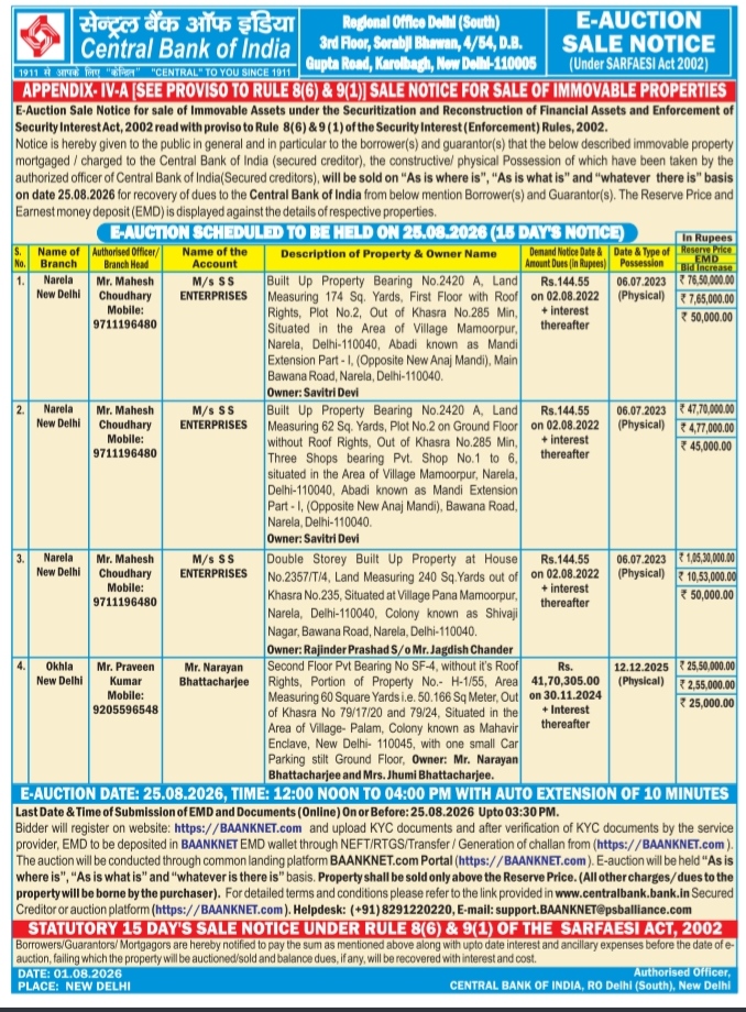 Central Bank of India E-Auction Sale Notice (August 2026)
