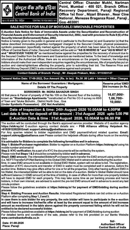 Central Bank of India E-Auction Sale Notice for Immovable Property (August 2026)