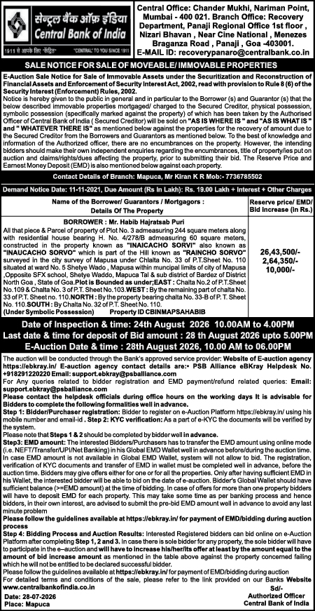 Central Bank of India E-Auction Sale Notice for Immovable Property (Mapusa, Goa)