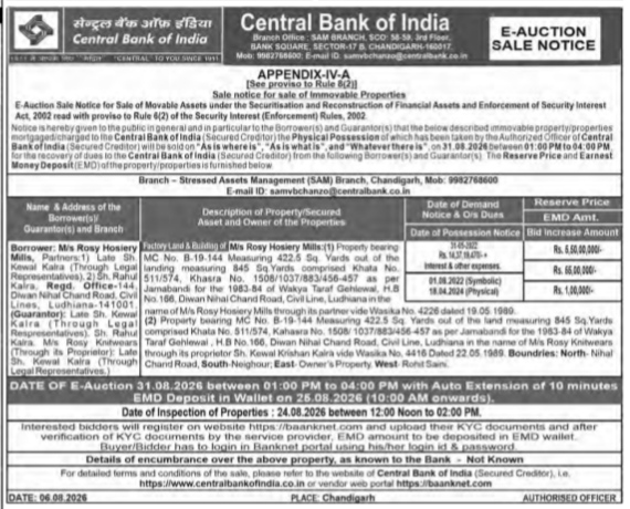 Central Bank of India E-Auction Sale Notice