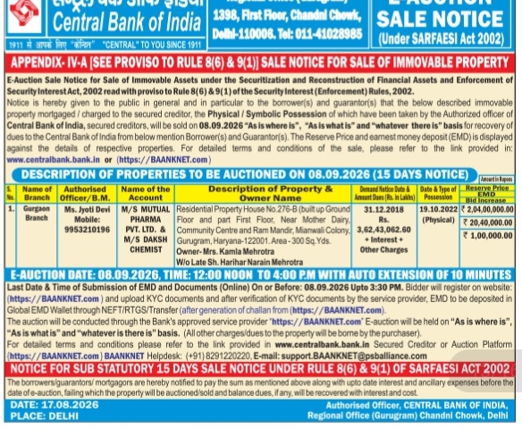 Central Bank of India E-Auction Sale Notice