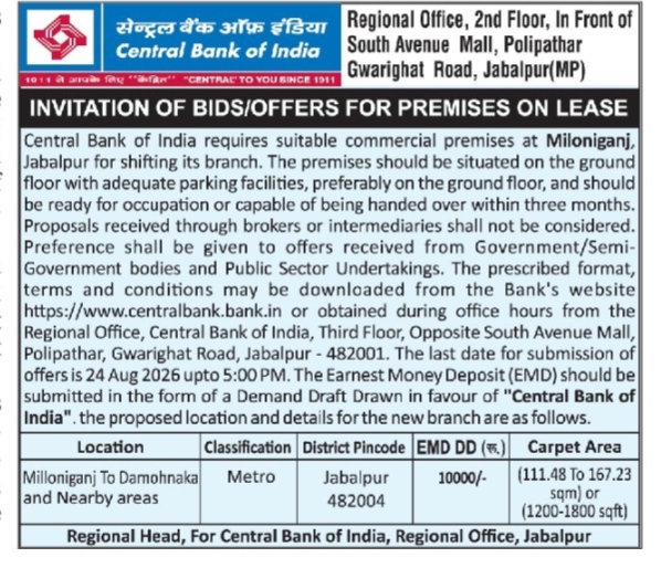 Central Bank of India Invitation for Commercial Premises Leases in Jabalpur