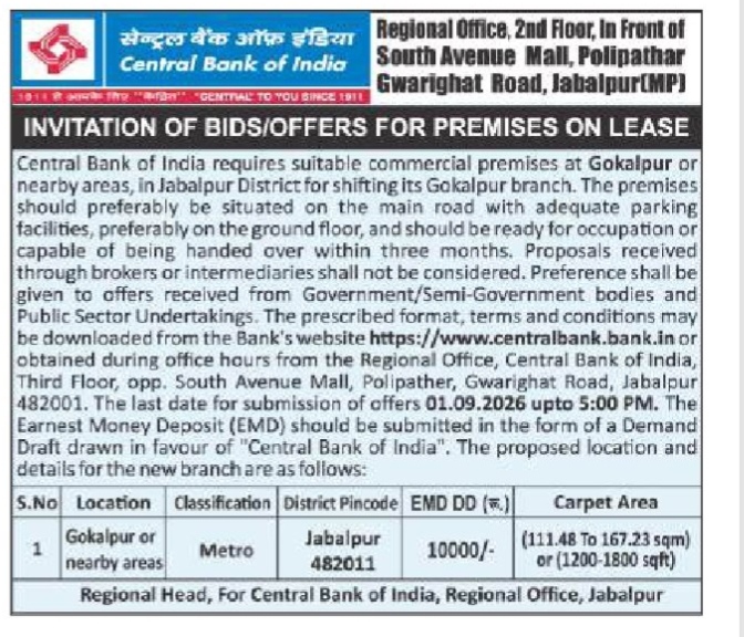 Central Bank of India Invitation of Bids for Gokalpur Branch Premises on Lease