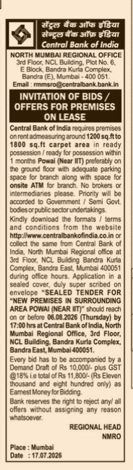Central Bank of India – Invitation of Bids for Premises on Lease at Powai, Mumbai