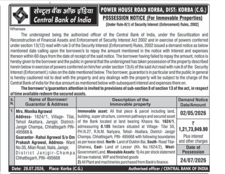 Central Bank of India Possession Notice for Mrs. Monika Agrawal (Korba, C.G.)