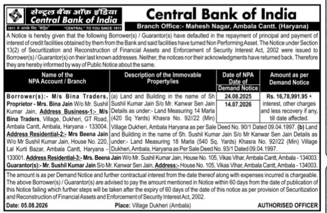 Central Bank of India Public Notice for NPA Accounts