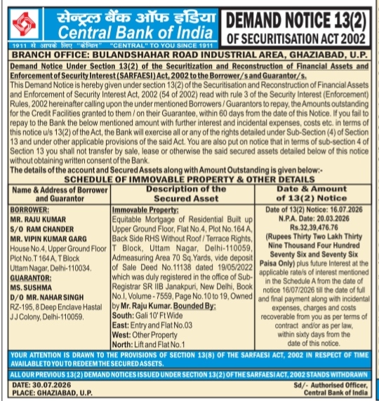 Central Bank of India SARFAESI Act Demand Notice (Section 13(2))