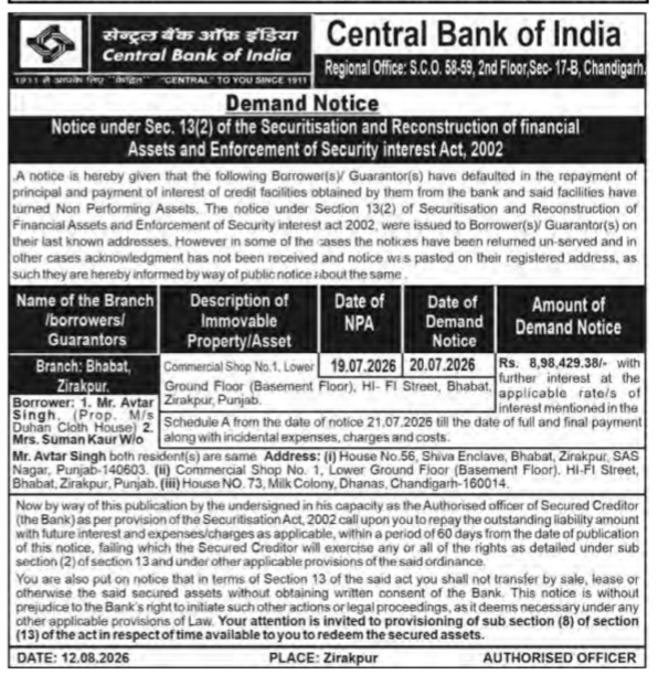 Central Bank of India Securitisation SARFAESI Demand Notice