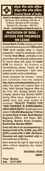 Central Bank of India Tender Notice for Virar (West) Branch Premises