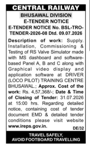 Central Railway Bhusawal Division E-Tender Notice 2026